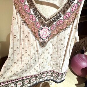 Charter Club Cream Sleeveless V-Neck Tank with Pink & Brown Embroidery